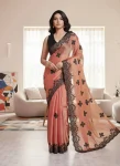 RICH LOOK FENDY CHIFFON EMBROIDERY BORDER WORK SAREE WITH UNSTITCHED BLOUSE PEACH