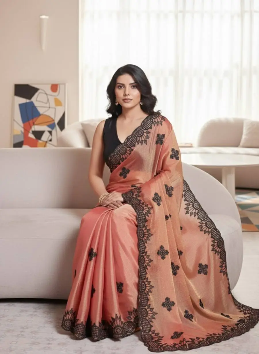 RICH LOOK FENDY CHIFFON EMBROIDERY BORDER WORK SAREE WITH UNSTITCHED BLOUSE WEDDING WEAR WHOLESAEL PRICE ETHNIC GARMENT (7)