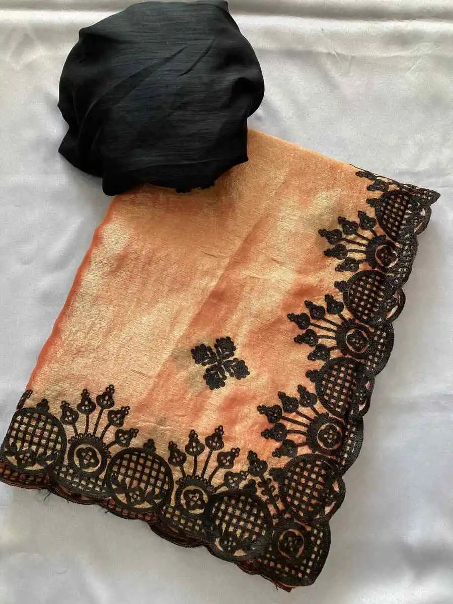 RICH LOOK FENDY CHIFFON EMBROIDERY BORDER WORK SAREE WITH UNSTITCHED BLOUSE WEDDING WEAR WHOLESAEL PRICE ETHNIC GARMENT (9)