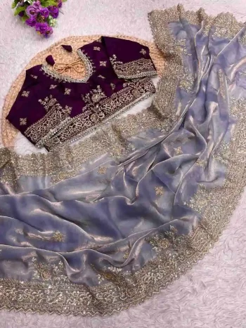 RICH LOOK FENDY SATIN EMBROIDERY 3 MM SEQUENCE WORK HEAVY BORDER WITH BUTTI WORK SAREE WITH STITCHED BLOUSE LAVENDER