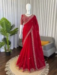 RICH LOOK FENDY SILK BEADS WITH THREAD & SEQUENCE WORK SAREE WITH UNSTITCEHED BLOUSE RED
