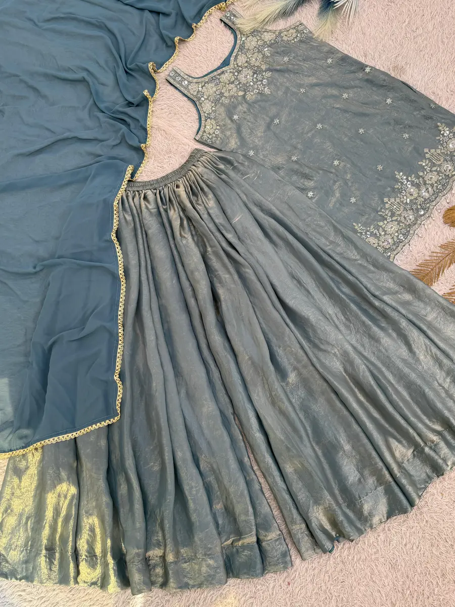 RICH LOOK FENDY SILK EMBROIDERY SEQUENCE AND THREAD WORK WITH READY MADE LACE WORK TOP PALAZZO WITH DUPATTA FESTIVE WEAR WHOLESALE PRICE ETHNIC GARMENT (13)