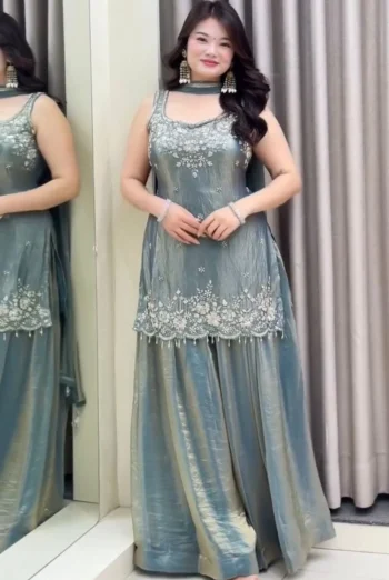 RICH LOOK FENDY SILK EMBROIDERY SEQUENCE AND THREAD WORK WITH READY MADE LACE WORK TOP PALAZZO WITH DUPATTA GREY