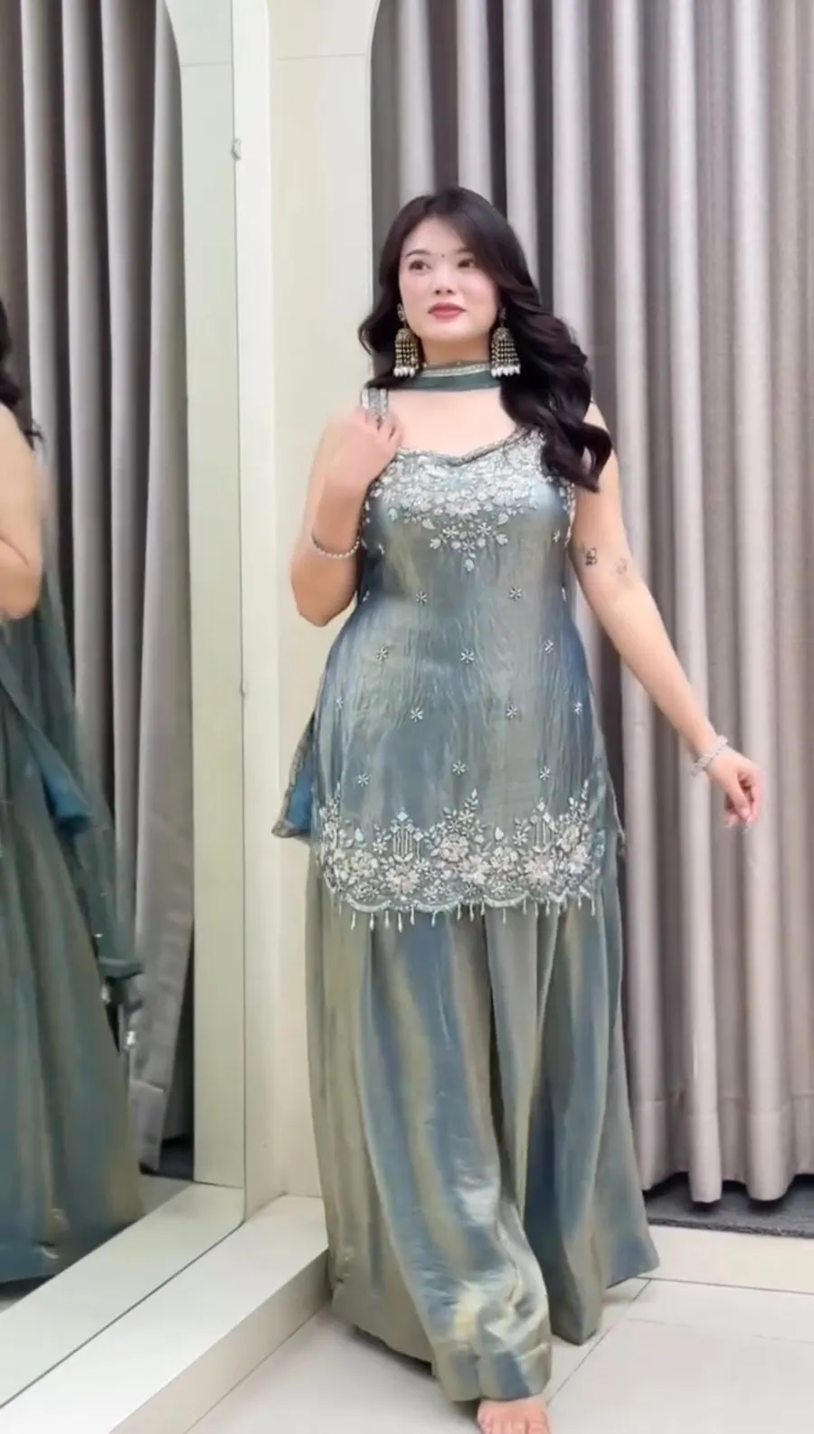 RICH LOOK FENDY SILK EMBROIDERY SEQUENCE AND THREAD WORK WITH READY MADE LACE WORK TOP PALAZZO WITH DUPATTA FESTIVE WEAR WHOLESALE PRICE ETHNIC GARMENT (4).webp