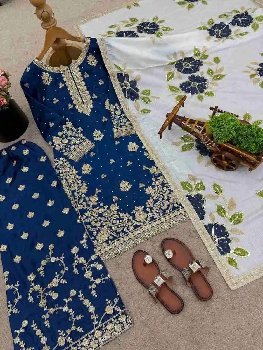 RICH LOOK FENDY SILK EMBROIDERY SEQUENCE WORK WITH RIVET MOTI WORK TOP PALAZZO WITH DUPATTA FESTIVE WEAR WHOLESALE PRICE ETHNIC GARMENT (1)