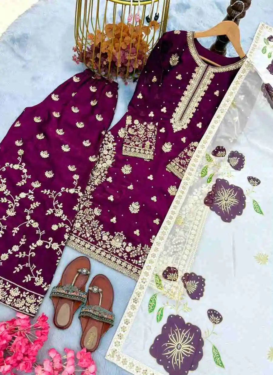 RICH LOOK FENDY SILK EMBROIDERY SEQUENCE WORK WITH RIVET MOTI WORK TOP PALAZZO WITH DUPATTA FESTIVE WEAR WHOLESALE PRICE ETHNIC GARMENT (14)