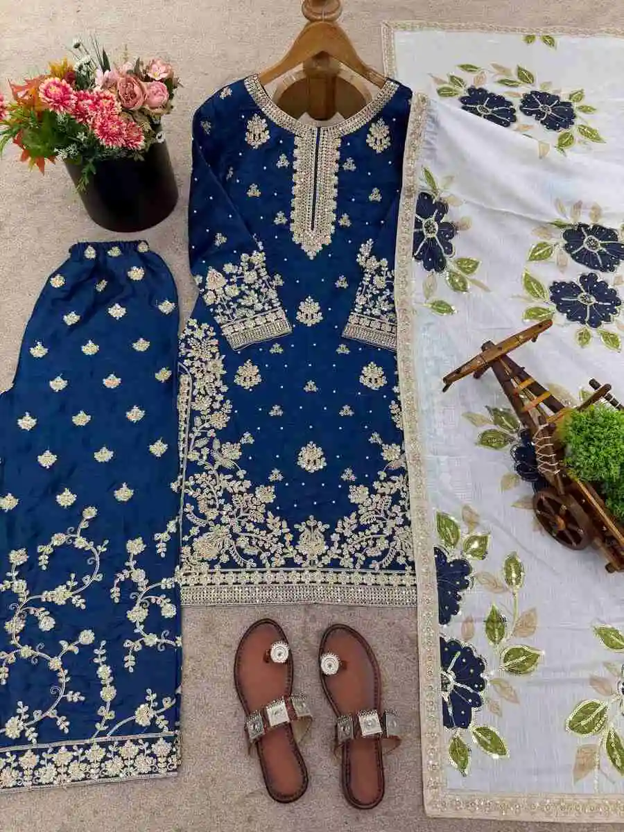 RICH LOOK FENDY SILK EMBROIDERY SEQUENCE WORK WITH RIVET MOTI WORK TOP PALAZZO WITH DUPATTA FESTIVE WEAR WHOLESALE PRICE ETHNIC GARMENT (16)
