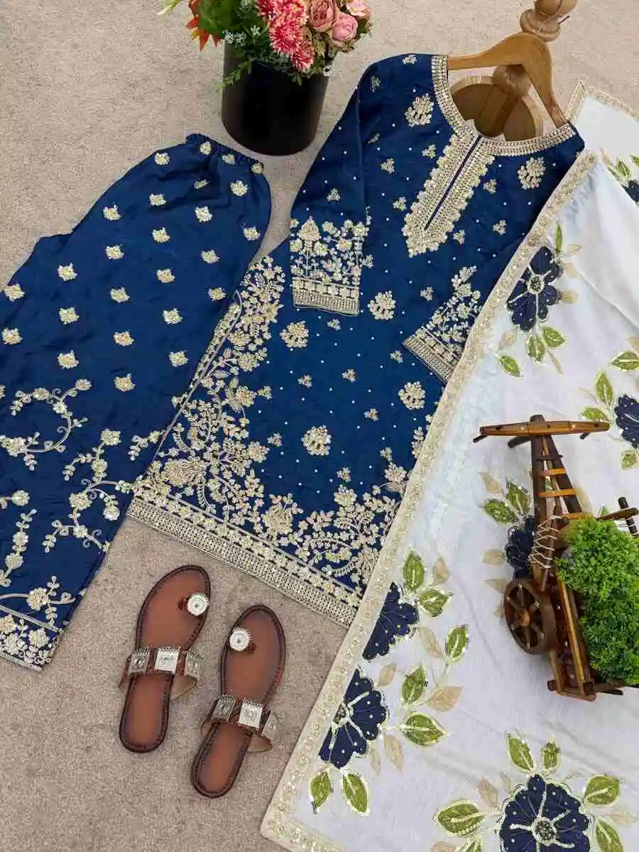 RICH LOOK FENDY SILK EMBROIDERY SEQUENCE WORK WITH RIVET MOTI WORK TOP PALAZZO WITH DUPATTA FESTIVE WEAR WHOLESALE PRICE ETHNIC GARMENT (17)