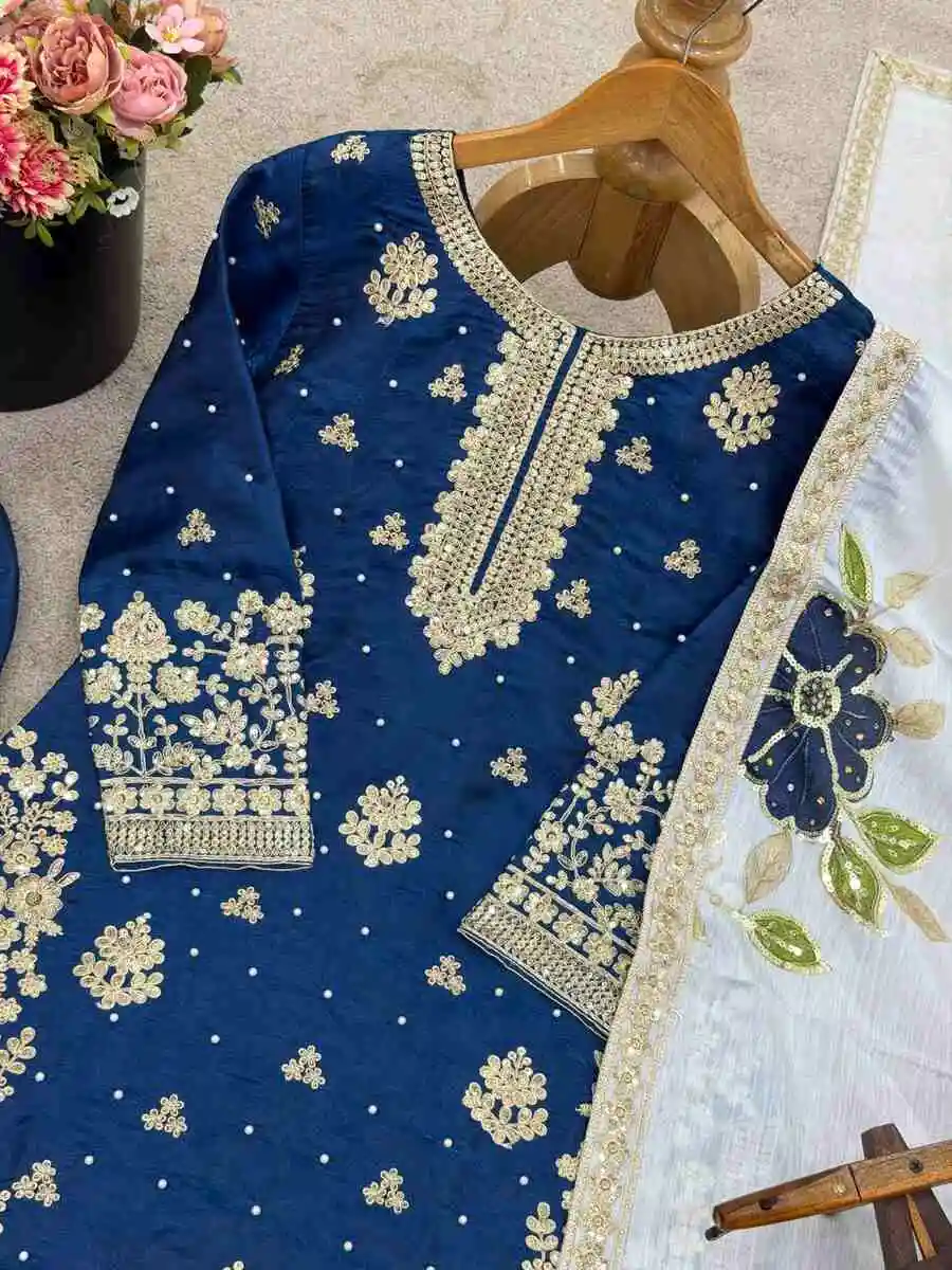 RICH LOOK FENDY SILK EMBROIDERY SEQUENCE WORK WITH RIVET MOTI WORK TOP PALAZZO WITH DUPATTA FESTIVE WEAR WHOLESALE PRICE ETHNIC GARMENT (18)