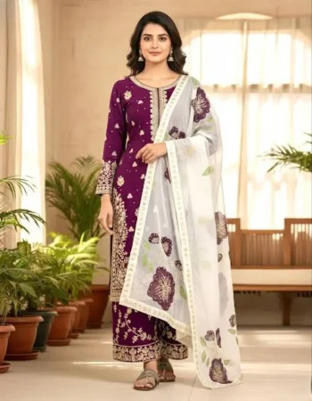 RICH LOOK FENDY SILK EMBROIDERY SEQUENCE WORK WITH RIVET MOTI WORK TOP PALAZZO WITH DUPATTA  PURPLE