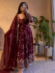 RICH LOOK FENDY SILK EMBROIDERY THREAD & SEQUENCE WORK GOWN BOTTOM WITH DUPATTA MAROON