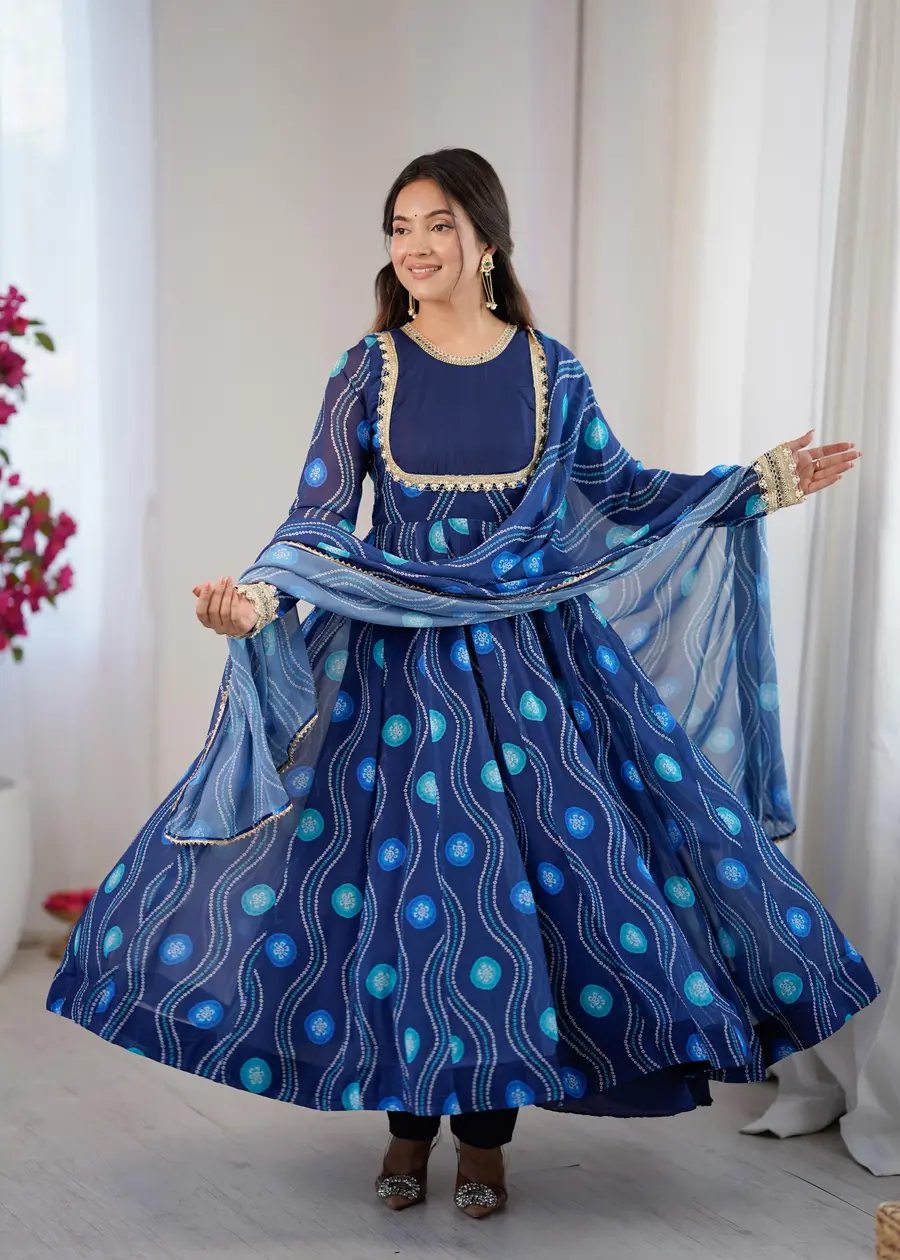 RICH LOOK GEORGETTE BANDHANI PRINT WORK GOWN BOTTOM WITH DUPATTA FESTIVE WEAR WHOLESALE PRICE ETHNIC GARMENT (6)