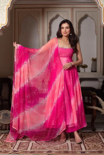 RICH LOOK GEORGETTE DIGITAL PRINT WITH REAL MIRROR HANDWORK GOWN BOTTOM WITH DUPATTA BABY PINK