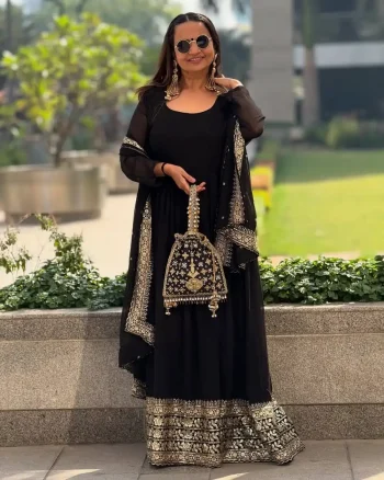 RICH LOOK GEORGETTE EMBROIDERY SEQUENCE WORK GOWN BOTTOM WITH DUPATTA BLACK