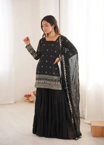 RICH LOOK GEORGETTE EMBROIDERY SEQUENCE WORK TOP SHARARA WITH DUPATTA BLACK