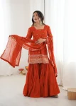 RICH LOOK GEORGETTE EMBROIDERY SEQUENCE WORK TOP SHARARA WITH DUPATTA ORANGE