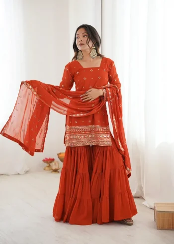 RICH LOOK GEORGETTE EMBROIDERY SEQUENCE WORK TOP SHARARA WITH DUPATTA ORANGE