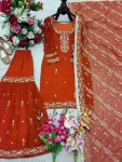 RICH LOOK GEORGETTE EMBROIDERY SEQUENCE WORK WITH RIVET MOTI WORK TOP SHARARA WITH DUPATTA ORANGE