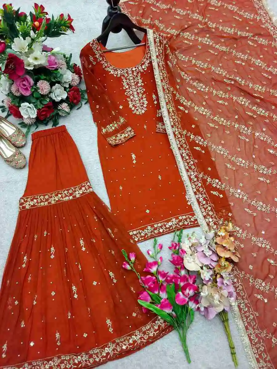 RICH LOOK GEORGETTE EMBROIDERY SEQUENCE WORK WITH RIVET MOTI WORK TOP SHARARA WITH DUPATTA FESTIVE WEAR WHOLESALE PRICE ETHNIC GARMENT (2)