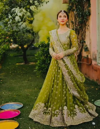 RICH LOOK GEORGETTE EMBROIDERY SEQUENCES WORK GOWN BOTTOM WITH DUPATTA PARROT GREEN