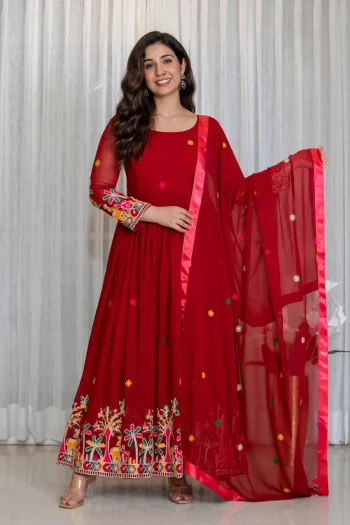 RICH LOOK GEORGETTE EMBROIDERY WORK GOWN BOTTOM WITH DUPATTA RED