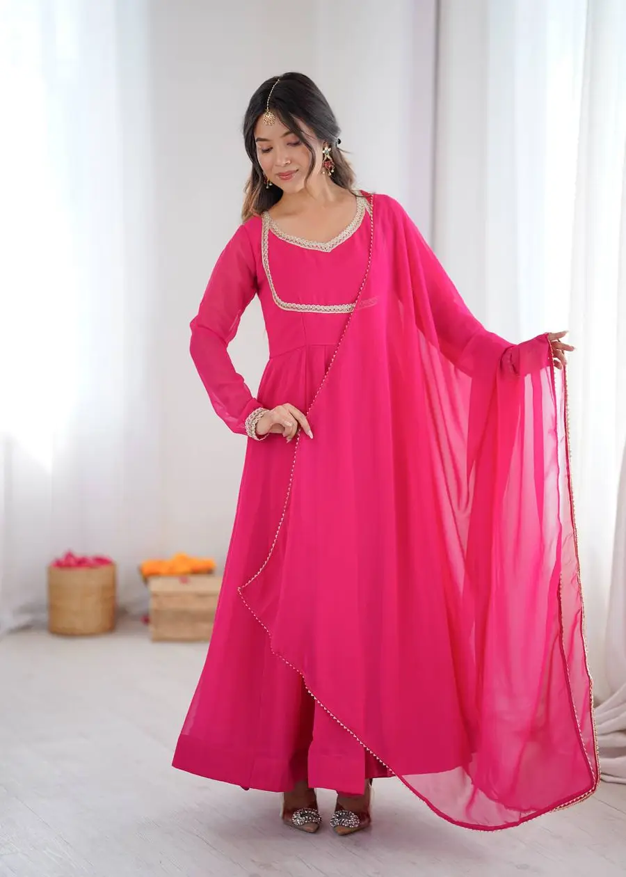 RICH LOOK GEORGETTE FANCY LACE WORK GOWN BOTTOM WITH DUPATTA FESTIVE WEAR WHOLESALE PRICE ETHNIC GARMENT (15)