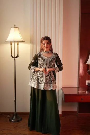 RICH LOOK GEORGETTE SEQUENCE EMBROIDERY WORK TOP PALAZZO WITH DUPATTA MEHNDI