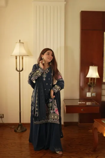 RICH LOOK GEORGETTE SEQUENCE EMBROIDERY WORK TOP PALAZZO WITH DUPATTA TEAL