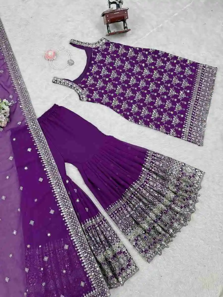 RICH LOOK GEORGETTE THREAD WITH 9MM SEQUENCE WORK TOP SHARARA WITH DUPATTA FESTIVE WEAR WHOLESALE PRICE ETHNIC GARMENT (14)