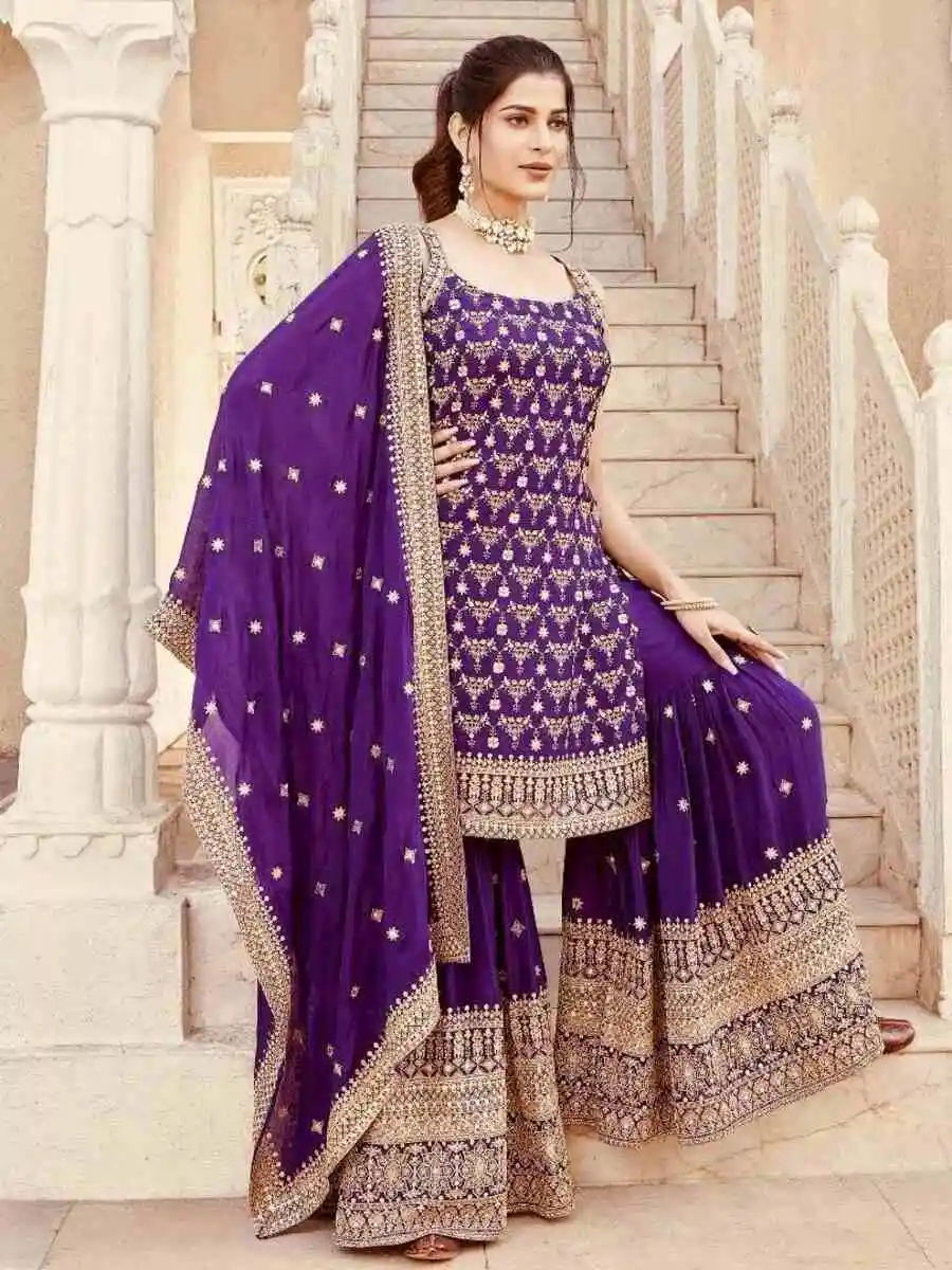 RICH LOOK GEORGETTE THREAD WITH 9MM SEQUENCE WORK TOP SHARARA WITH DUPATTA FESTIVE WEAR WHOLESALE PRICE ETHNIC GARMENT (6)