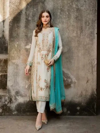 RICH LOOK GMY SILK EMBROIDERY SEQUENCE WORK WITH RIVET MOTI WORK TOP BOTTOM WITH DUPATTA WHITE AND RAMA