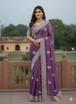 RICH LOOK GOLD CRUSH COTTON THREAD EMBROIDERY WITH SEQUENCE WORK SAREE WITH UNSTITCHED BLOUSE PURPLE