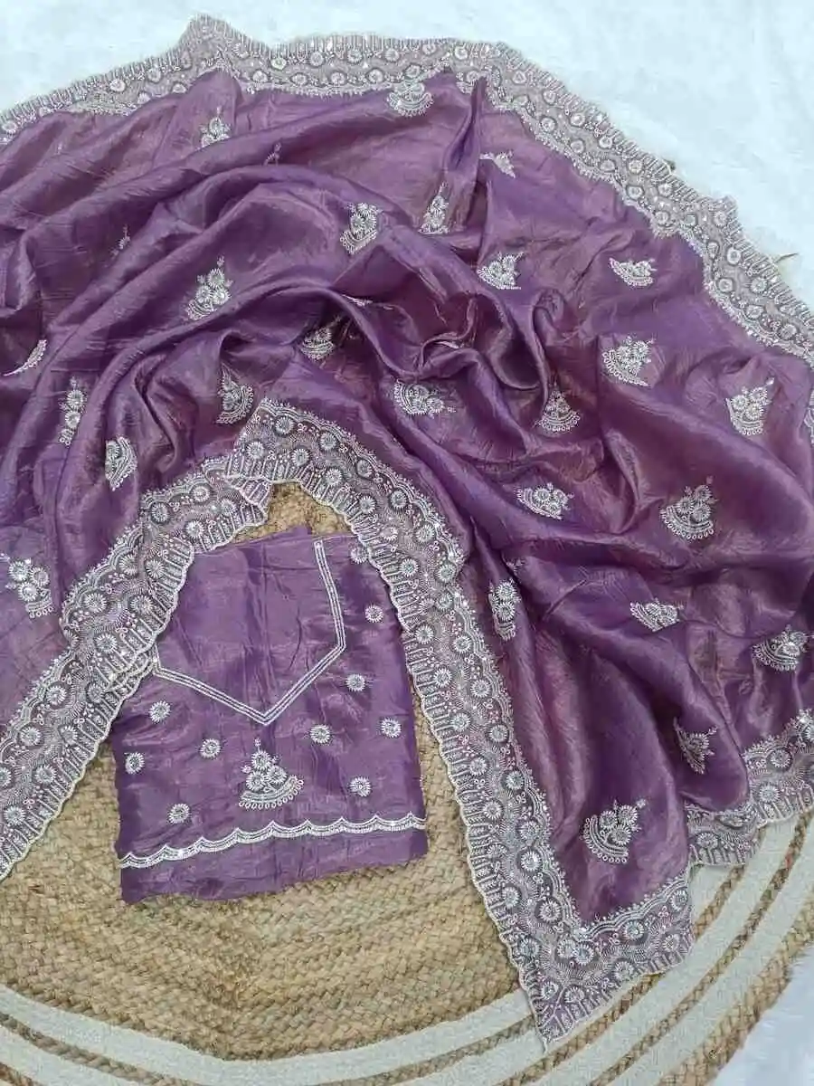 RICH LOOK GOLD CRUSH COTTON THREAD EMBROIDERY WITH SEQUENCE WORK SAREE WITH UNSTITCHED BLOUSE WEDDING WEAR WHOLESALE PRICE ETHNIC GARMENT (13)