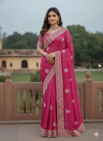 RICH LOOK GOLD CRUSH COTTON THREAD EMBROIDERY WITH SEQUENCE WORK SAREE WITH UNSTITCHED BLOUSE PINK
