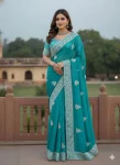 RICH LOOK GOLD CRUSH COTTON THREAD EMBROIDERY WITH SEQUENCE WORK SAREE WITH UNSTITCHED BLOUSE SKY