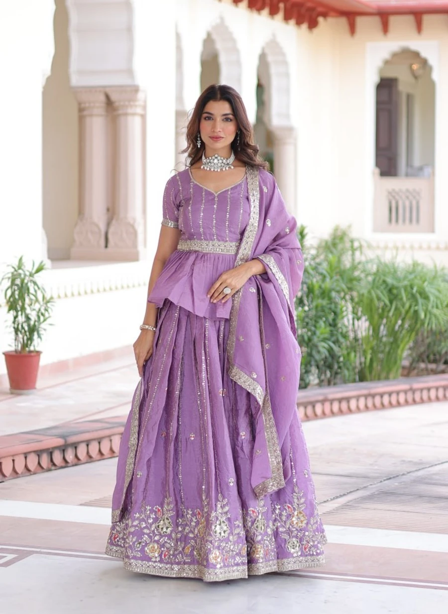 RICH LOOK GOLD CRUSH MULTI THREAD EMBROIDERY ZARI SEQUENCE-WORK TOP LEHENGA WITH DUPATTA PARTY WEAR WHOLESALE PRICE ETHNIC GARMENT (1)