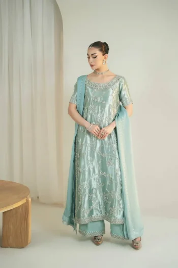 RICH LOOK JC SILK EMBROIDERY AND SEQUENCE WORK TOP PALAZZO WITH DUPATTA SKY