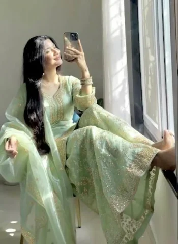 RICH LOOK JIMMY CHOO EMBROIDERY 3MM SEQUENCE & CODING DORI WORK WITH MOTI HAND WORK TOP PALAZZO WITH DUPATTA PISTA