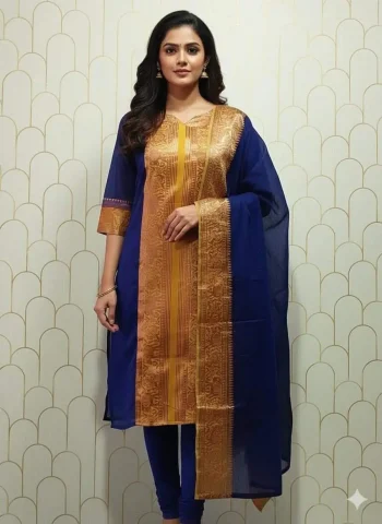 RICH LOOK KANCHI COTTON JACQUARD WEAVING WORK TOP WITH DUPATTA SET BLUE