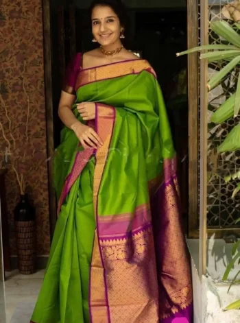 RICH LOOK KANCHIPURAM SILK ZARI WEAVING WORK SAREE WITH UNSTITCHED BLOUSE PARROT GREEN