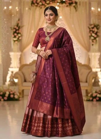 RICH LOOK KANJIVARAM SILK ZARI WEAVING WORK STITCHED LEHENGA UNSTITCHED CHOLI WITH DUPATTA MAROON AND PEACH