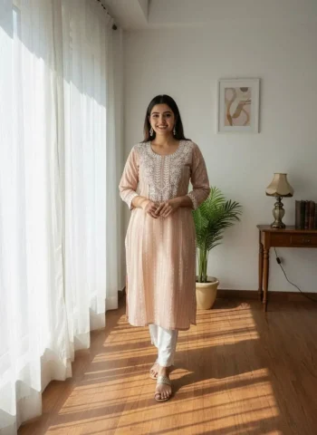 RICH LOOK KHADI COTTON BUTTI WITH BEAUTIFUL EMBROIDERY WORK KURTI PEACH