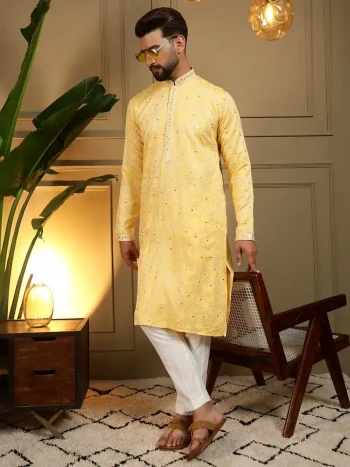 RICH LOOK KHADI COTTON EMBROIDERY MIRROR WORK MEN'S KURTA PAYJAMA YELLOW