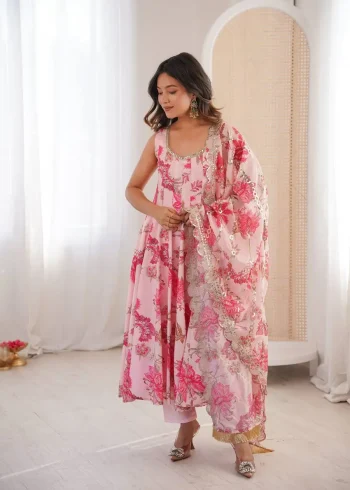 RICH LOOK MUSLIN FLORAL PRINT WORK GOWN BOTTOM WITH DUPATTA BABY PINK