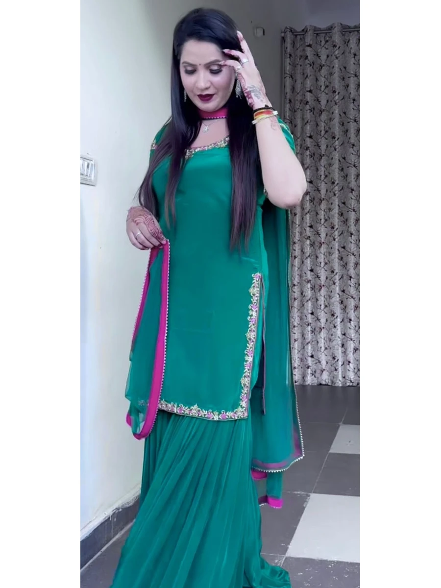 RICH LOOK NATURAL CREPE EMBROIDERY WORK WITH FANCY BORDER LACE WORK TOP SHARARA WITH DUPATTA FESTIVE WEAR WHOLESALE PRICE ETHNIC GARMENT (2)