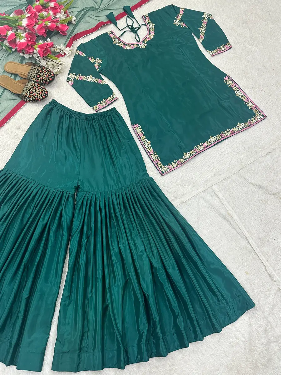 RICH LOOK NATURAL CREPE EMBROIDERY WORK WITH FANCY BORDER LACE WORK TOP SHARARA WITH DUPATTA FESTIVE WEAR WHOLESALE PRICE ETHNIC GARMENT (7)