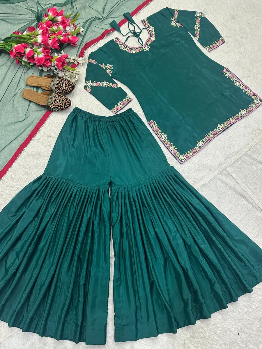 RICH LOOK NATURAL CREPE EMBROIDERY WORK WITH FANCY BORDER LACE WORK TOP SHARARA WITH DUPATTA FESTIVE WEAR WHOLESALE PRICE ETHNIC GARMENT (8)