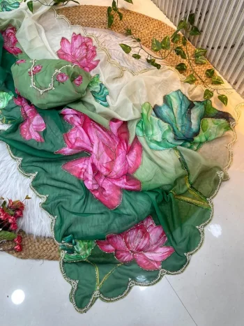 RICH LOOK ORGANZA FLORAL PRINTS WITH BEADS AND KATDANA HANDWORK SAREE WITH UNSTITCHED BLOUSE GREEN
