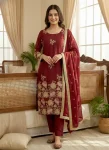 RICH LOOK ORGANZA SILK EMBROIDERY SEQUENCE WORK TOP BOTTOM WITH DUPATTA RED