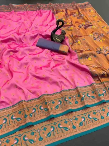 RICH LOOK PAITHANI SILK ZARI WEAVING WORK SAREE WITH UNSTITCHED BLOUSE PINK